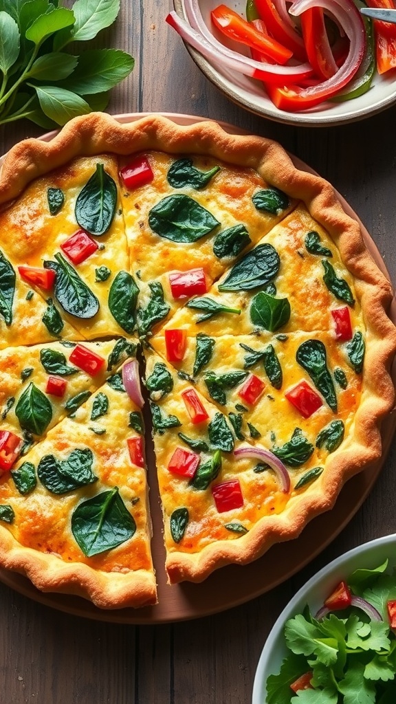 Savory Vegetable Quiche Without Cheese A slice of vegetable quiche without cheese, featuring spinach and bell peppers, on a wooden table with a salad.